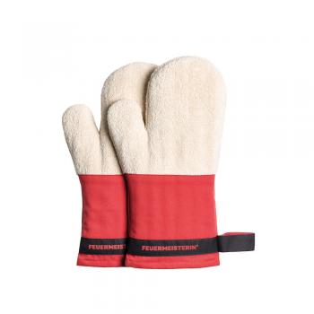 FEUERMEISTERIN® Premium Textil Back- und Kochhandschuhe, rote Stulpe/schwarzes Band, Paar